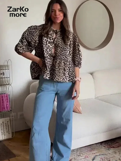 Lace up Leopard Print Bubble Sleeve Hollow Loose Fluffy Top 2024 Spring Summer New Fashion shirt